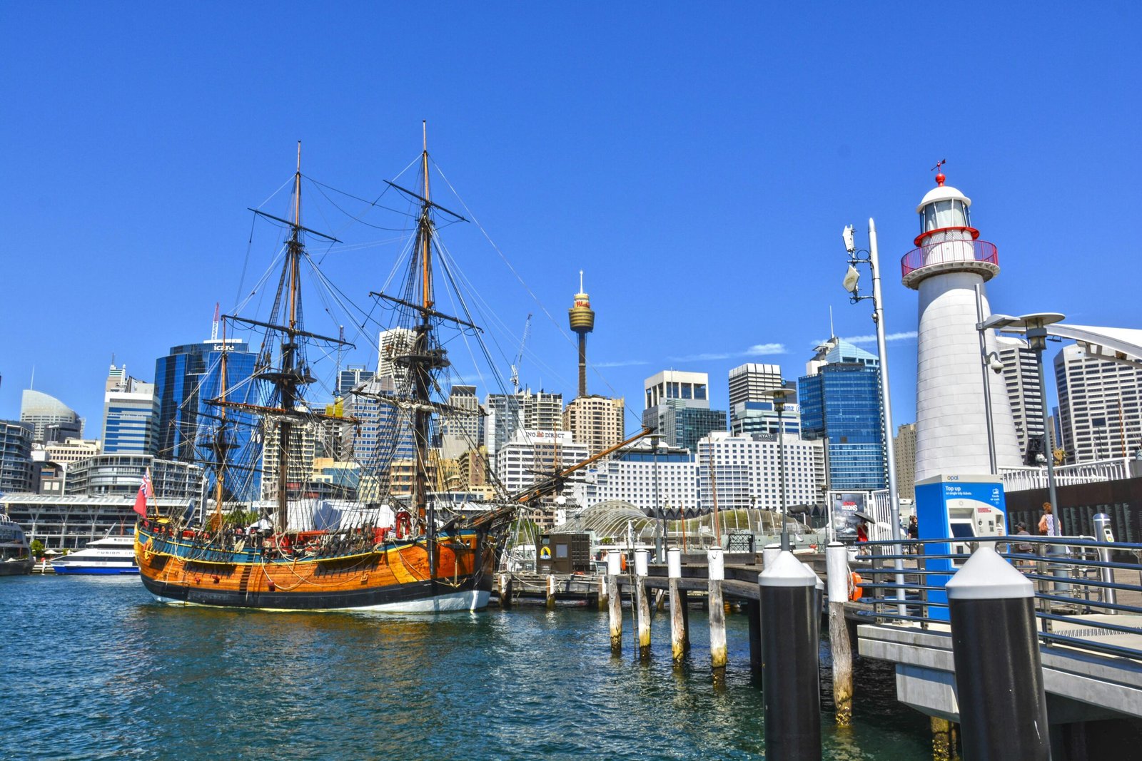 Historic ship docked at Darling Harbour in vibrant Sydney cityscape.